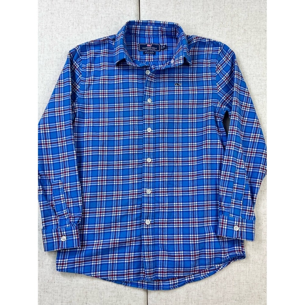 Vineyard Vines Boys Blue Red Plaid Flannel Whale Button Down Shirt M 12-14